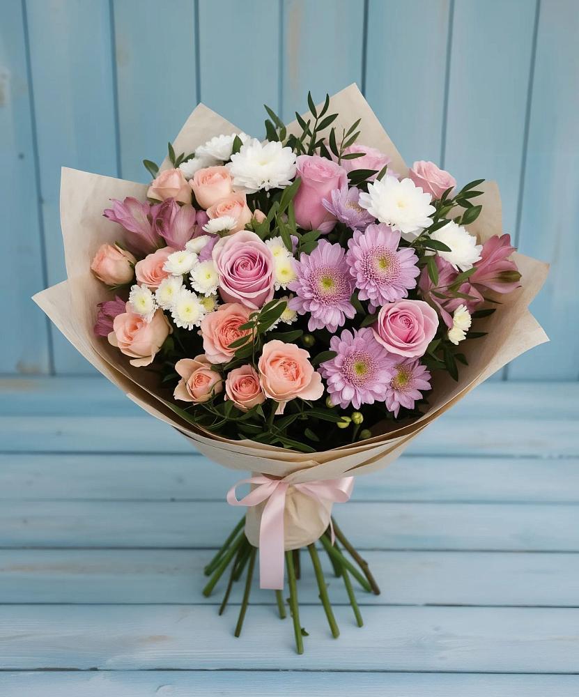 Букет цветов из: Хризантемы, Розы и Альстромерии в Верхней Максаковке