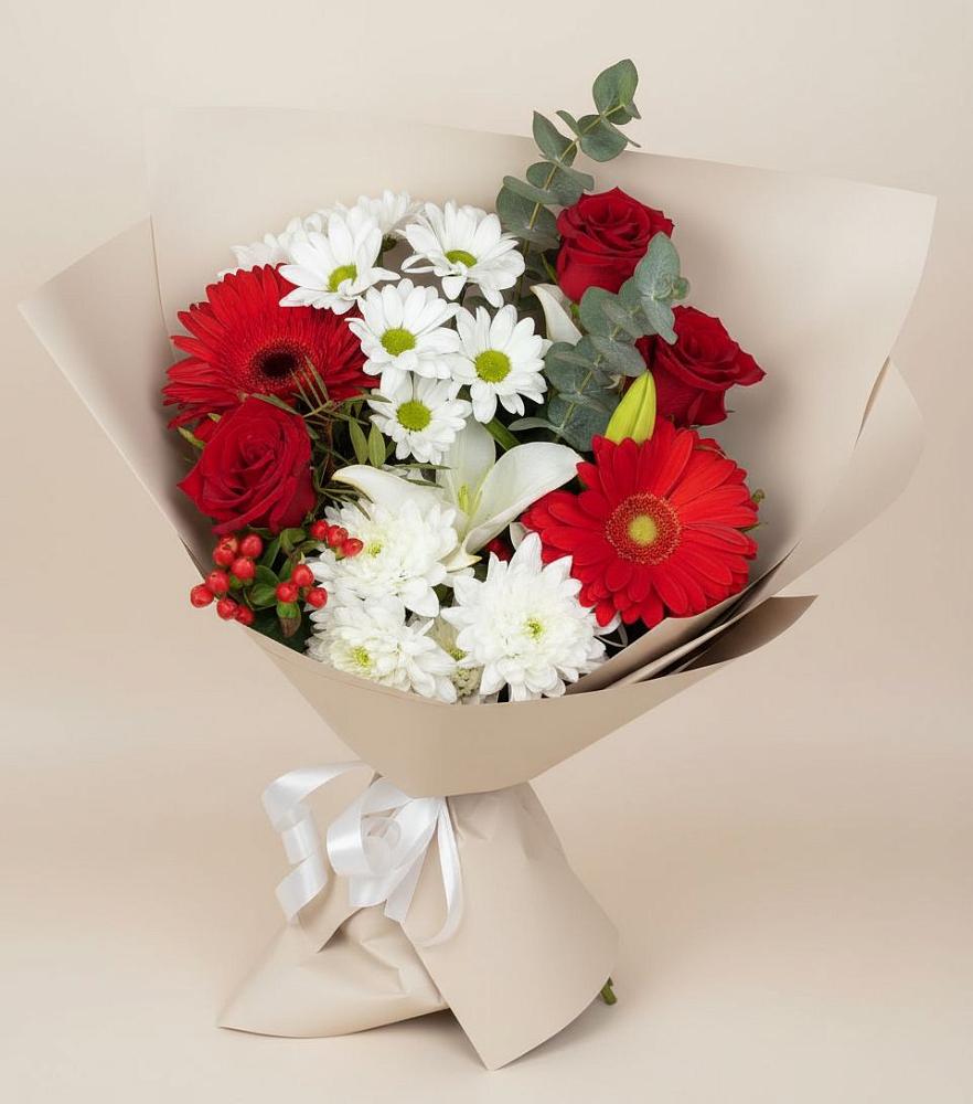 Букет цветов из: Розы, Хризантемы, Герберы и Лилии в Верхней Максаковке
