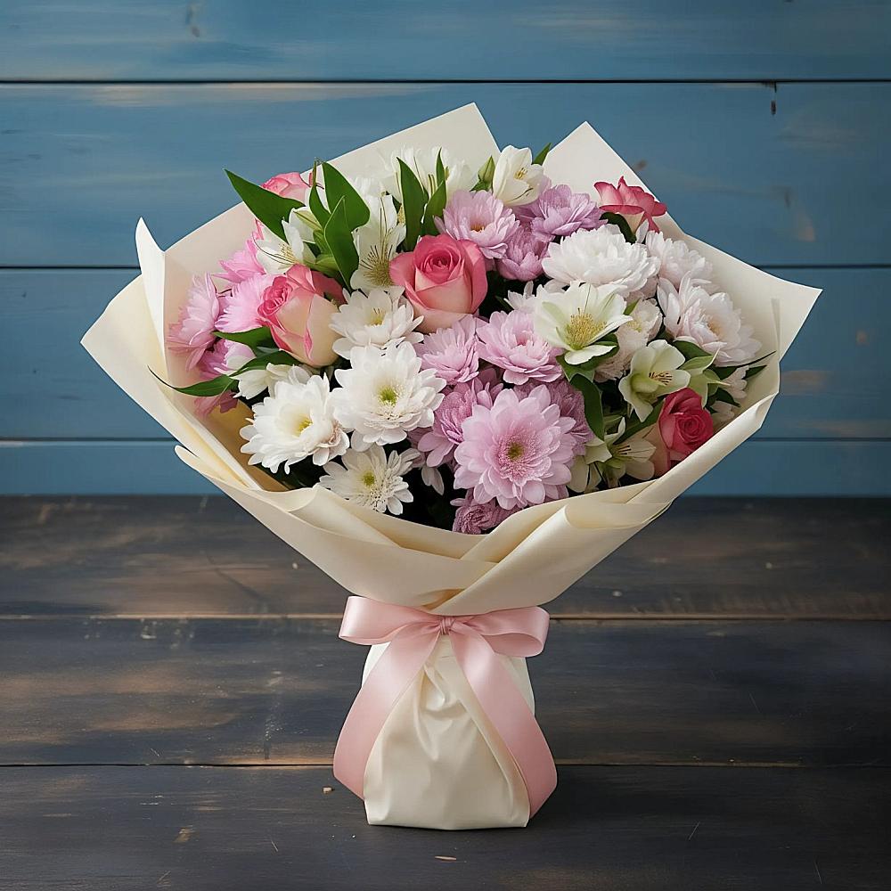 Букет цветов из: Хризантемы, Альстромерии и Розы в Верхней Максаковке